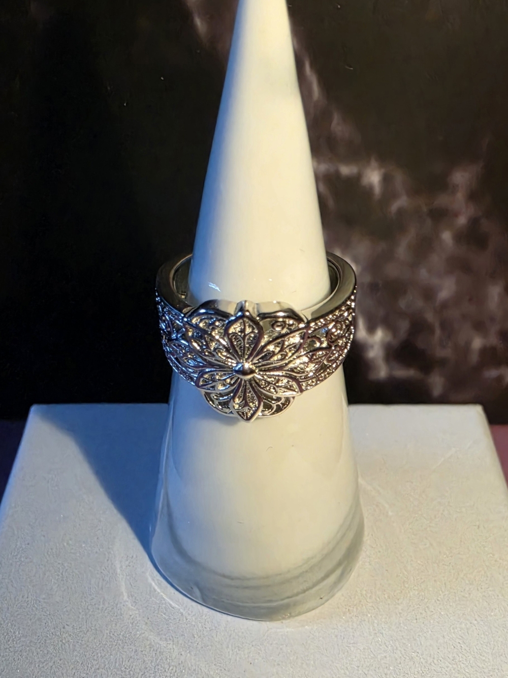 Floral Filigree Crystal Statement Ring Sterling Silver